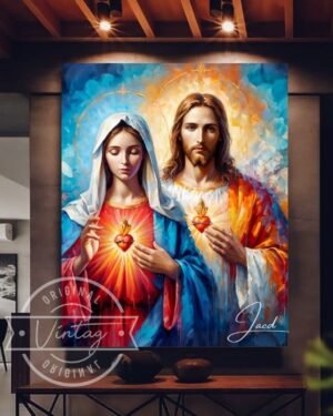 cuadro del sagrado corazon de jesus e inmaculado corazon de maria colorido