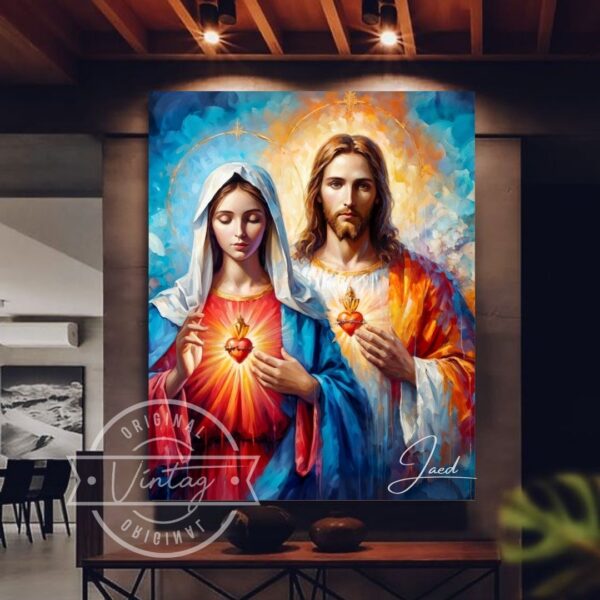 cuadro del sagrado corazon de jesus e inmaculado corazon de maria colorido