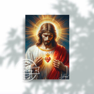 Jesús en oración con el Sagrado Corazón encendido