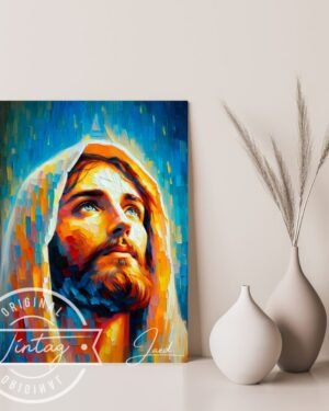 Cuadro de jesus colores azul y naranja