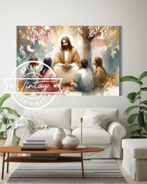 cuadro pintado de Jesus con niños
