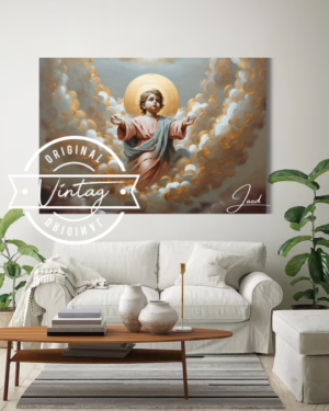 cuadro pintado del niño jesus en colores pastel