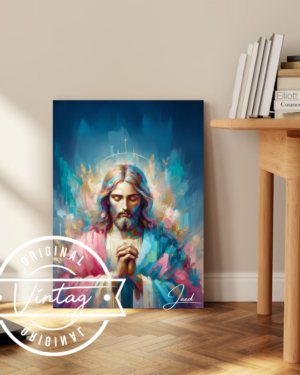 cuadro de jesus orando de frente en tonos pasteles