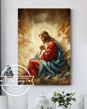 cuadro de Jesus meditanto con tunica roja y azul y fondo en tonos dorados