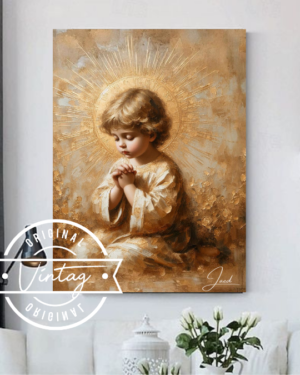 cuadro del niño jesus en oracion tonos dorados