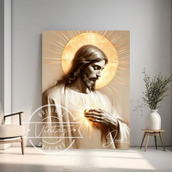 cuadro pintado del sagrado corazon de jesus tonos beige