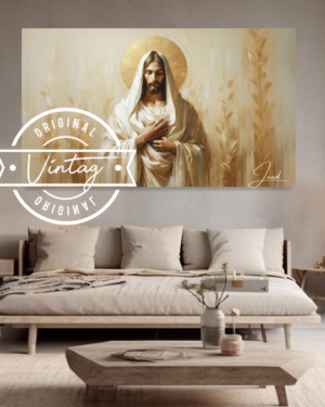 cuadro pintado de jesus en tonos dorados