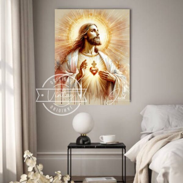 cuadro pintado del sagrado corazon de jesus tonos dorados