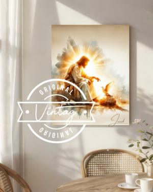 cuadro de jesus junto al espiritu santo con rayo de luz en el fondo