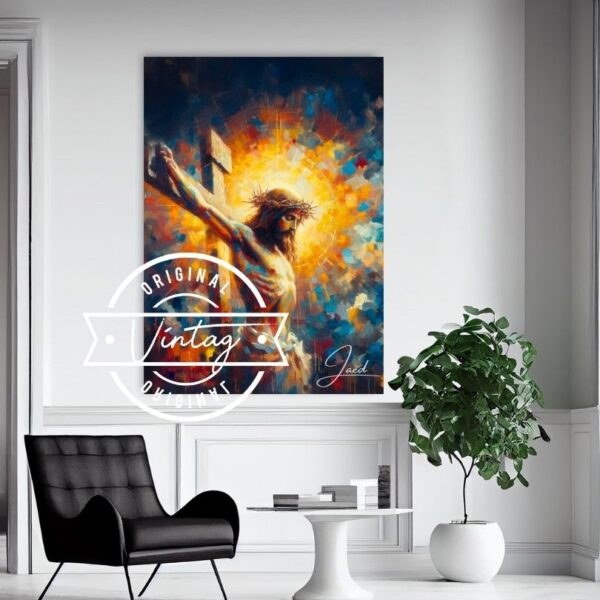 obra de jesus crucificado medio cuerpo en tonos calidos, estilo espatulado