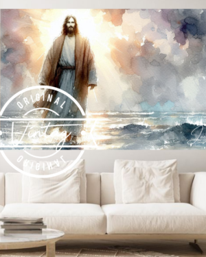 cuadro pintado de jesus en las aguas estilo acuarela tonos grises