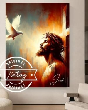 cuadro de jesus en la cruz con la corona de espinas con el espiritu santo en tonos naranja y azúl