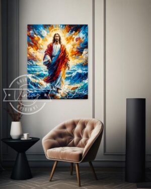 cuadro de jesus caminando sobre el mar de frente estilo moderno con colores vivos