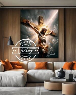 cuadro religioso de jesus crucificado con corona de espinas en tonos dorado y gris oscuro