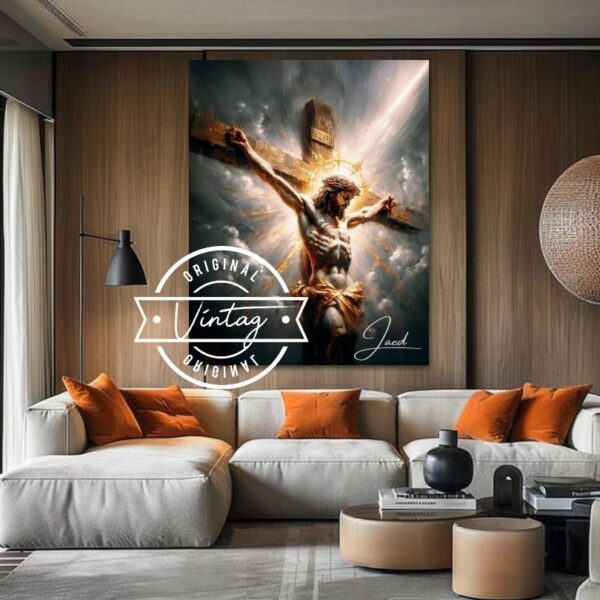 cuadro religioso de jesus crucificado con corona de espinas en tonos dorado y gris oscuro