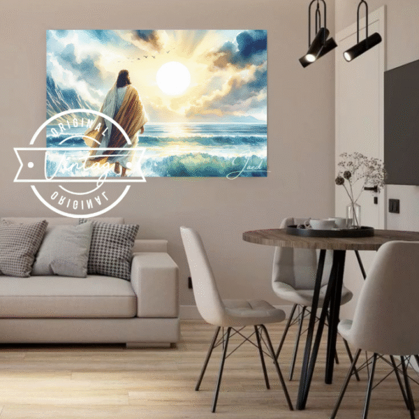 cuadro pintado de jesus de espaldas caminando en el mar con estilo acuarela