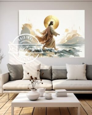 cuadro pintado de jesus caminando sobre las aguas cuerpo completo en estilo acuarela y tonos beige