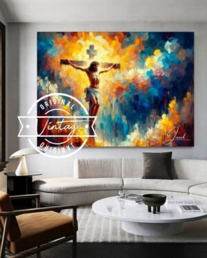 cuadro religioso pintado a mano de jesus crucificado cuerpo completo en tonos calidos y coloridos, estilo espatulado