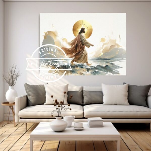 cuadro pintado de jesus caminando sobre las aguas cuerpo completo en estilo acuarela y tonos beige