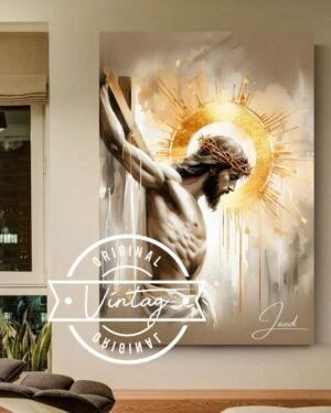 cuadro de jesus crucificado y con la corona de espinas y aureola dorada, cuadro en tonos beige y dorado, estilo acuarela
