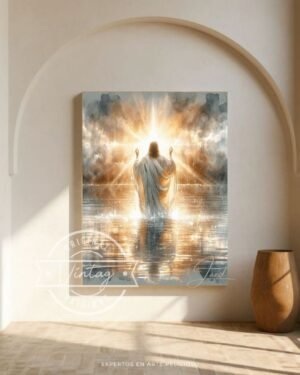 cuadro de jesus meditando de espaldas sobres las aguas en tonos brillantes y grises