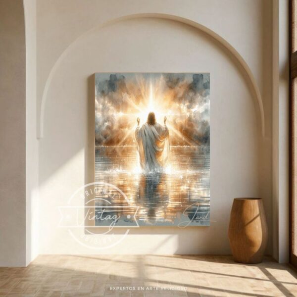 cuadro de jesus meditando de espaldas sobres las aguas en tonos brillantes y grises