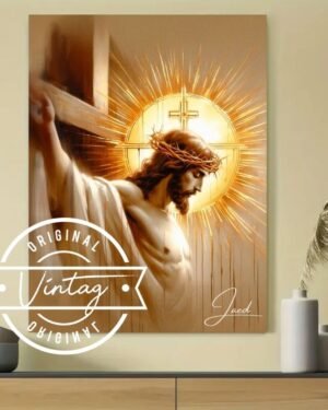 pintura al oleo de jesus en la cruz y con la corona de espinas y aureola dorada, cuadro en tonos dorados