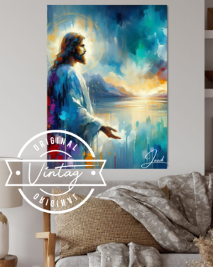 cuadro de jesus en las aguas tonos coloridos en estilo acuarela