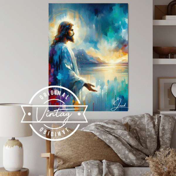 cuadro de jesus en las aguas tonos coloridos en estilo acuarela