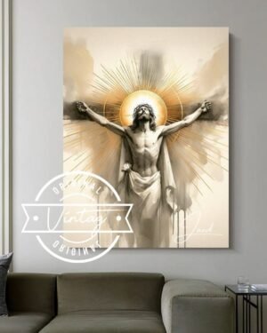 cuadro de jesus crucificado de frente y con aureola dorada, cuadro en tonos beige y dorados