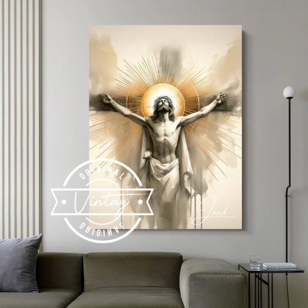 cuadro de jesus crucificado de frente y con aureola dorada, cuadro en tonos beige y dorados