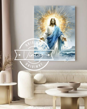 cuadro de jesus en las aguas con toga azul y aura resplandeciente con fondo gris