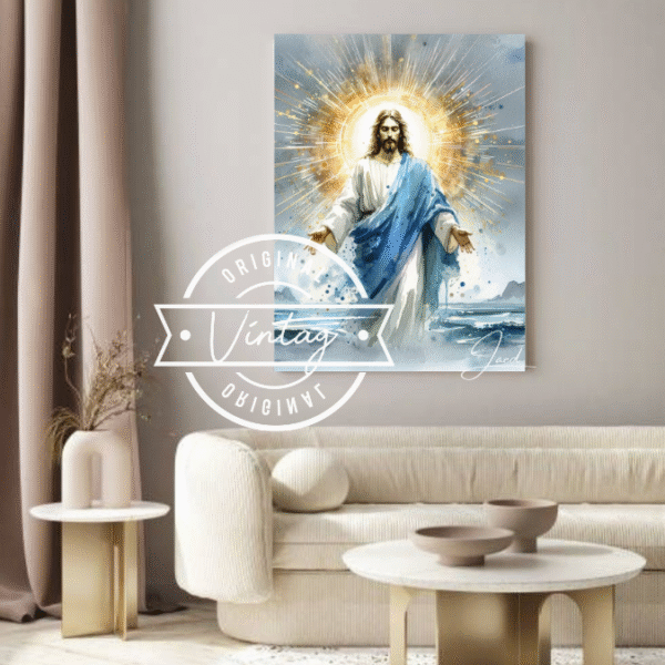 cuadro de jesus en las aguas con toga azul y aura resplandeciente con fondo gris