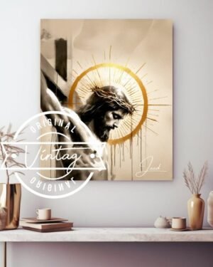 cuadro de jesus crucificado y con la corona de espinas y aureola dorada, cuadro en tonos beige y dorados