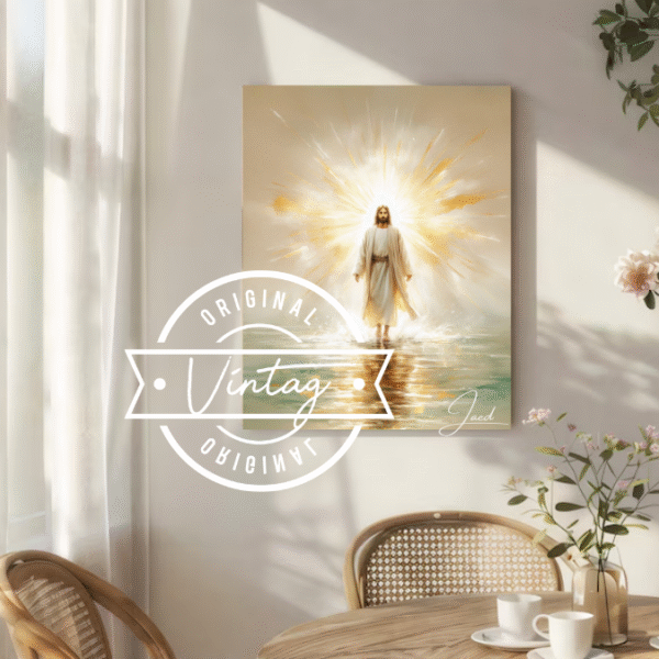 cuadro de jesus caminando sobre las aguas con resplandor dorado en tonos claros