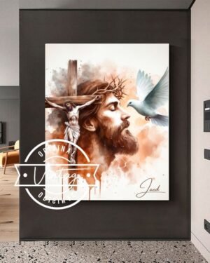 cuadro de composición de jesus en la cruz, el rostro de jesus con la corona de espinas y el epsiritu santo