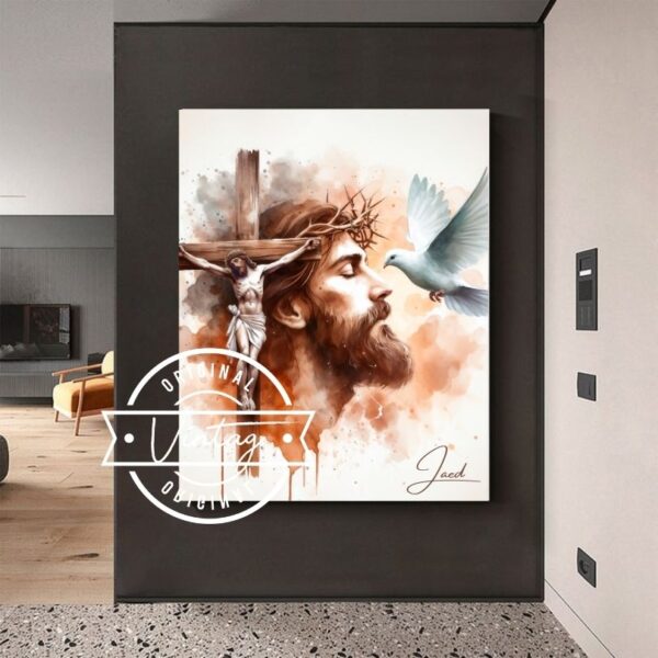 17 (1) cuadro de composición de jesus en la cruz, el rostro de jesus con la corona de espinas y el epsiritu santo