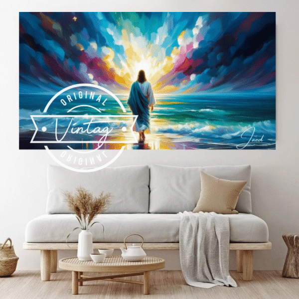 17 (4) cuadro pintado al oleo de jesus caminando sobres las aguas de espaldas colorido, colores azul y rojo