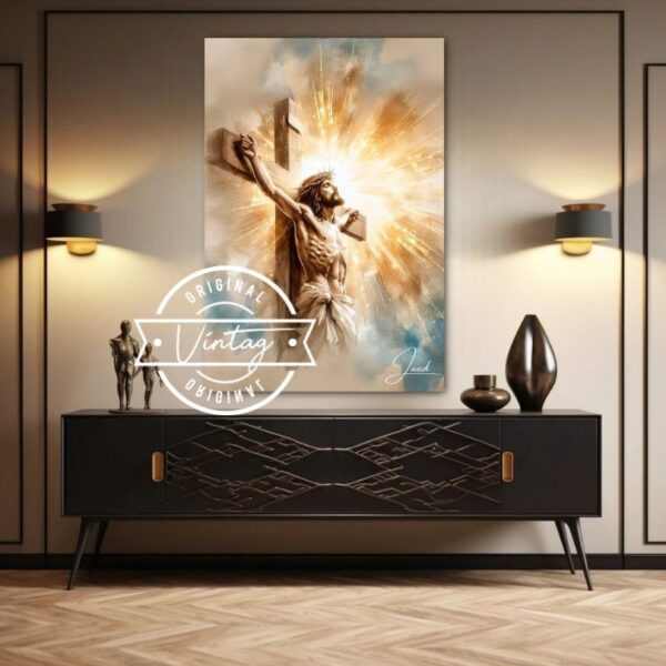 cuadro de jesus en la cruz con la corona de espinas en tono dorado y azul