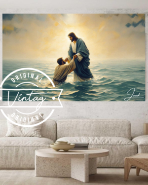 Cuadro pintado a mano de Jesús ayudando a Pedro a no ahogarse en el mar