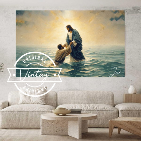Cuadro pintado a mano de Jesús ayudando a Pedro a no ahogarse en el mar