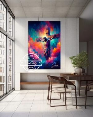 cuadro de jesus crucificado en la cruz cuerpo completo en tonos coloridos, estilo contemporaneo y estilo acuarela