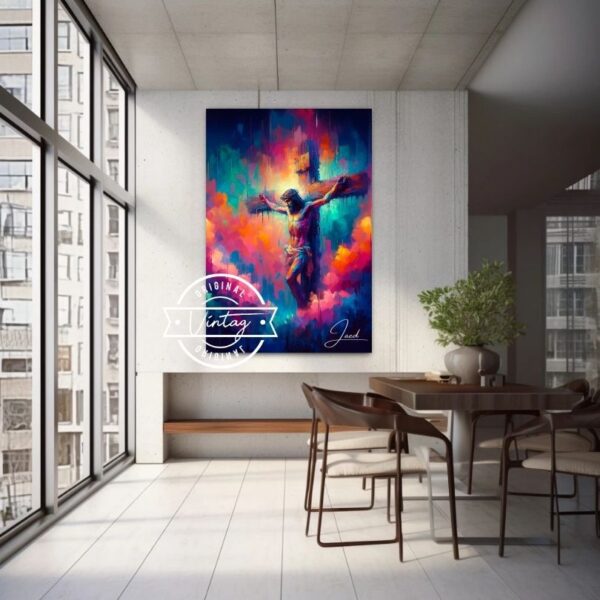 cuadro de jesus crucificado en la cruz cuerpo completo en tonos coloridos, estilo contemporaneo y estilo acuarela