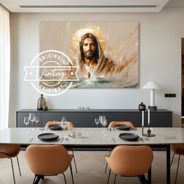 cuadro pintado a mano del rostro de jesus y de él en el mar en tonos dorados