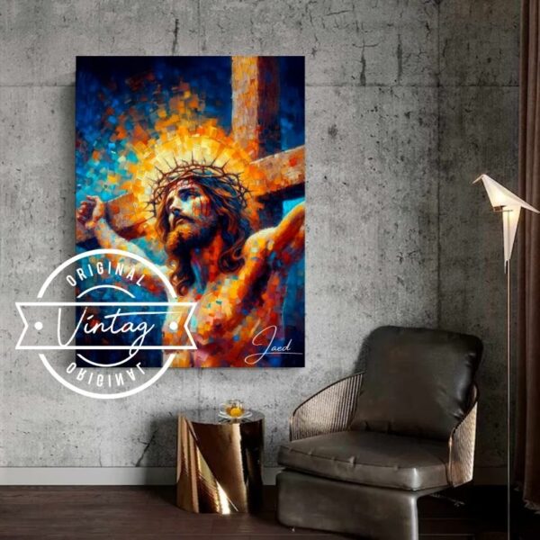 cuadro del rostro de jesus con corona crucificado en tonos calidos, estilo espatulado