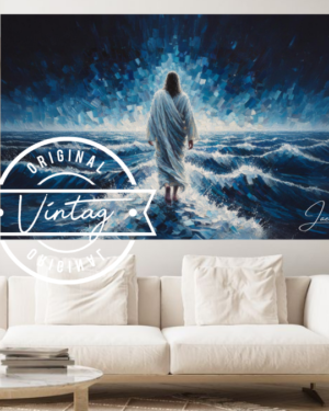 cuadro pintado a mano de jesus caminando de espaldas sobre el mar en tonos azules