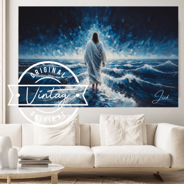 cuadro pintado a mano de jesus caminando de espaldas sobre el mar en tonos azules
