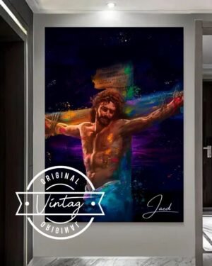 cuadro de jesus crucificado medio cuerpo fondo oscuro y tonos oscuros, estilo splash de colores