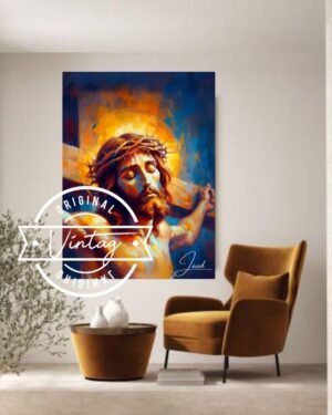 cuadro del rostro de jesus con la corona de espinas y crucificado en tonos calidos azul y amarillo, estilo contemporaneo