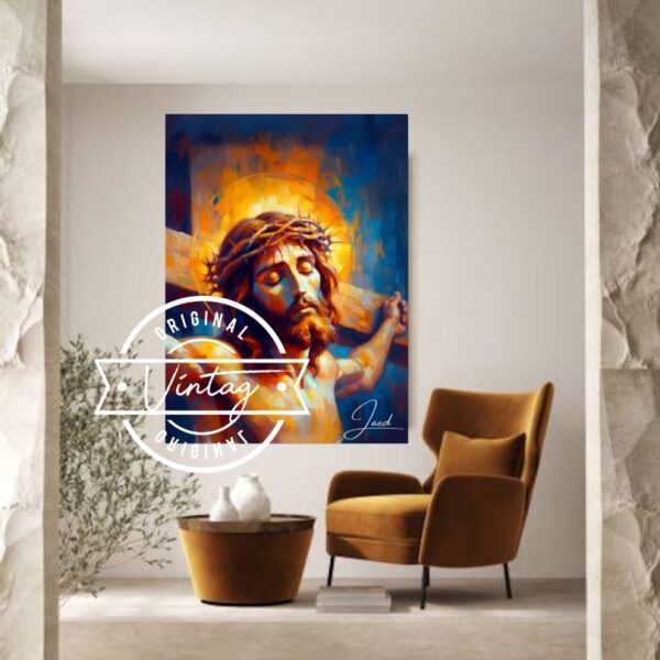 cuadro del rostro de jesus con la corona de espinas y crucificado en tonos calidos azul y amarillo, estilo contemporaneo